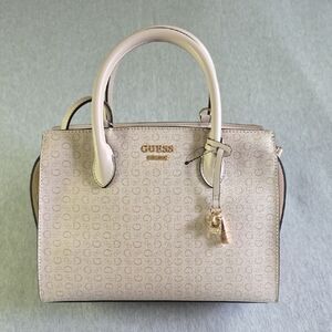 GUESS Cream Logo-Print Satchel with Gold Accents